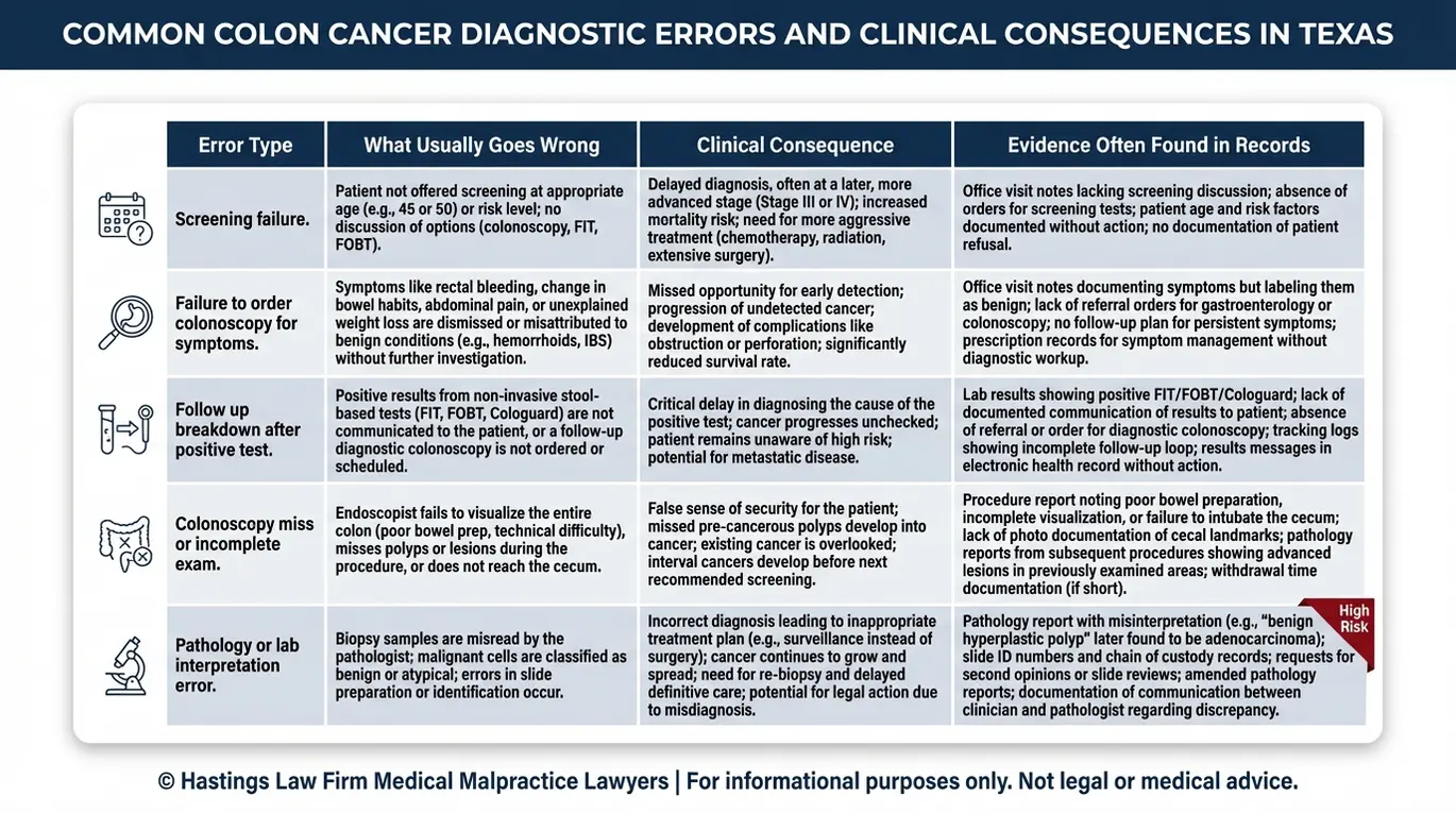 Tabla comparativa que relaciona los errores de diagnóstico con sus consecuencias, dirigida a lectores que estén considerando contratar a un abogado especializado en casos de diagnóstico erróneo de cáncer de colon según el modelo Texas, tales como fallos en las pruebas de detección, hallazgos no detectados en la colonoscopia y errores en el análisis patológico.