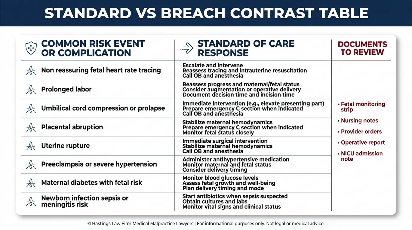 Comparison chart linking common medical errors leading to HIE with the standard of care responses used by an Arizona Hypoxic Ischemic Encephalopathy Lawyer to evaluate medical negligence.