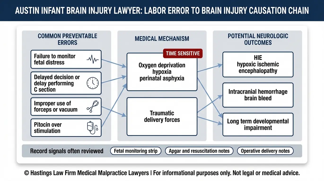 Diagrama de flujo que muestra cómo los errores comunes durante el parto y el alumbramiento provocan hipoxia o traumatismos y, a su vez, dan lugar a una lesión cerebral perinatal (HIE) o una hemorragia cerebral, revisado por un abogado especializado en lesiones cerebrales infantiles de Austin.
