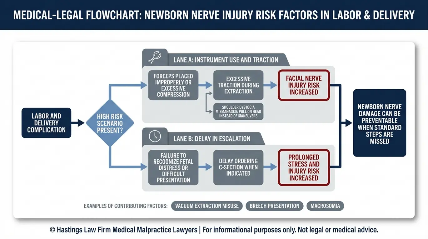 Process flowchart showing how shoulder dystocia mismanagement instrument misuse and delayed C section decisions can lead to birth paralysis for families consulting a Texas Birth Paralysis Lawyer.