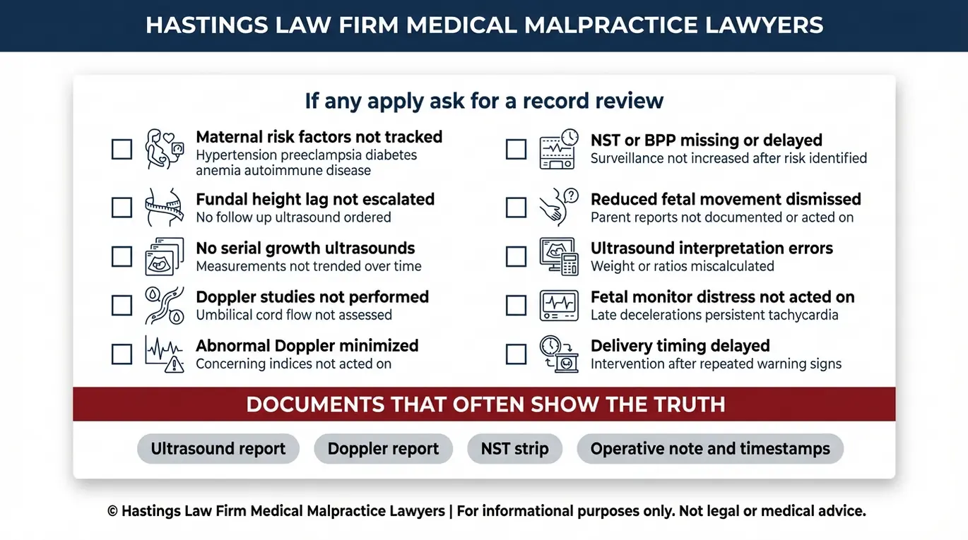 Warning checklist of common medical errors and red flags in IUGR care including missed Doppler studies ignored reduced fetal movement and delayed delivery for families consulting an Arizona Intrauterine Growth Restriction Lawyer.