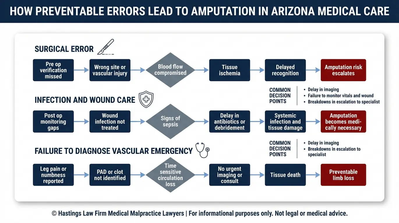 Diagrama de flujo que muestra cómo los errores médicos comunes pueden provocar la pérdida evitable de una extremidad, según un análisis de un caso a cargo de un abogado especializado en amputaciones médicas de Arizona.