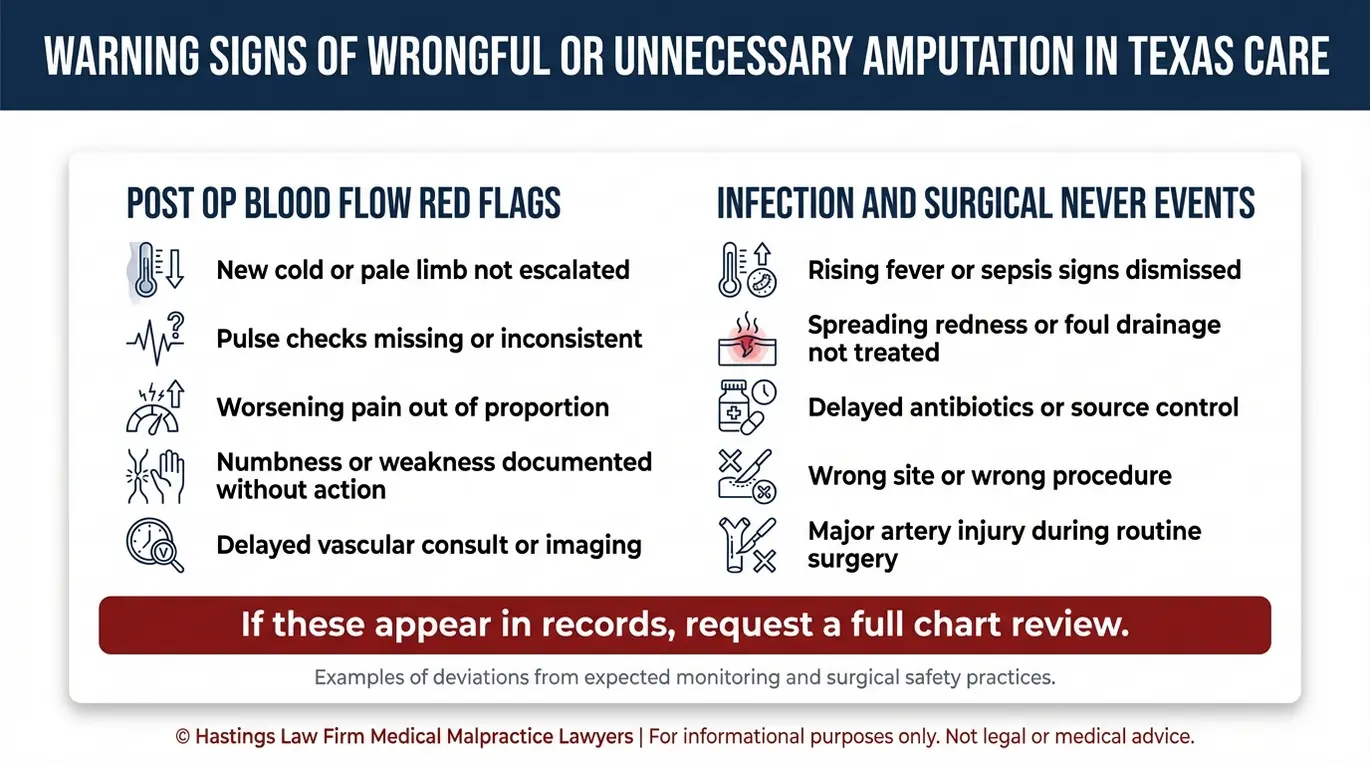 Lista de comprobación de señales de advertencia y sucesos que nunca ocurren que pueden respaldar una reclamación de Texas Medical Amputation Lawyer por amputación indebida o innecesaria, incluidos fallos en la monitorización vascular, retrasos en la infección y cirugía en el lugar equivocado.