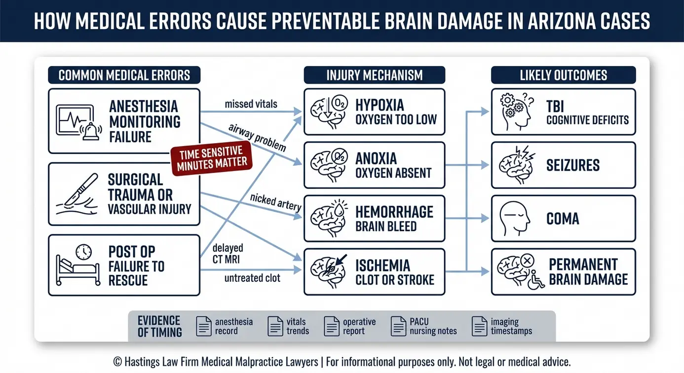 Diagrama que relaciona la anestesia y los errores quirúrgicos con la hipoxia anoxia derrame cerebral hemorragia cerebral y los resultados de una lesión cerebral de Arizona de la revisión de casos de negligencia médica abogado.