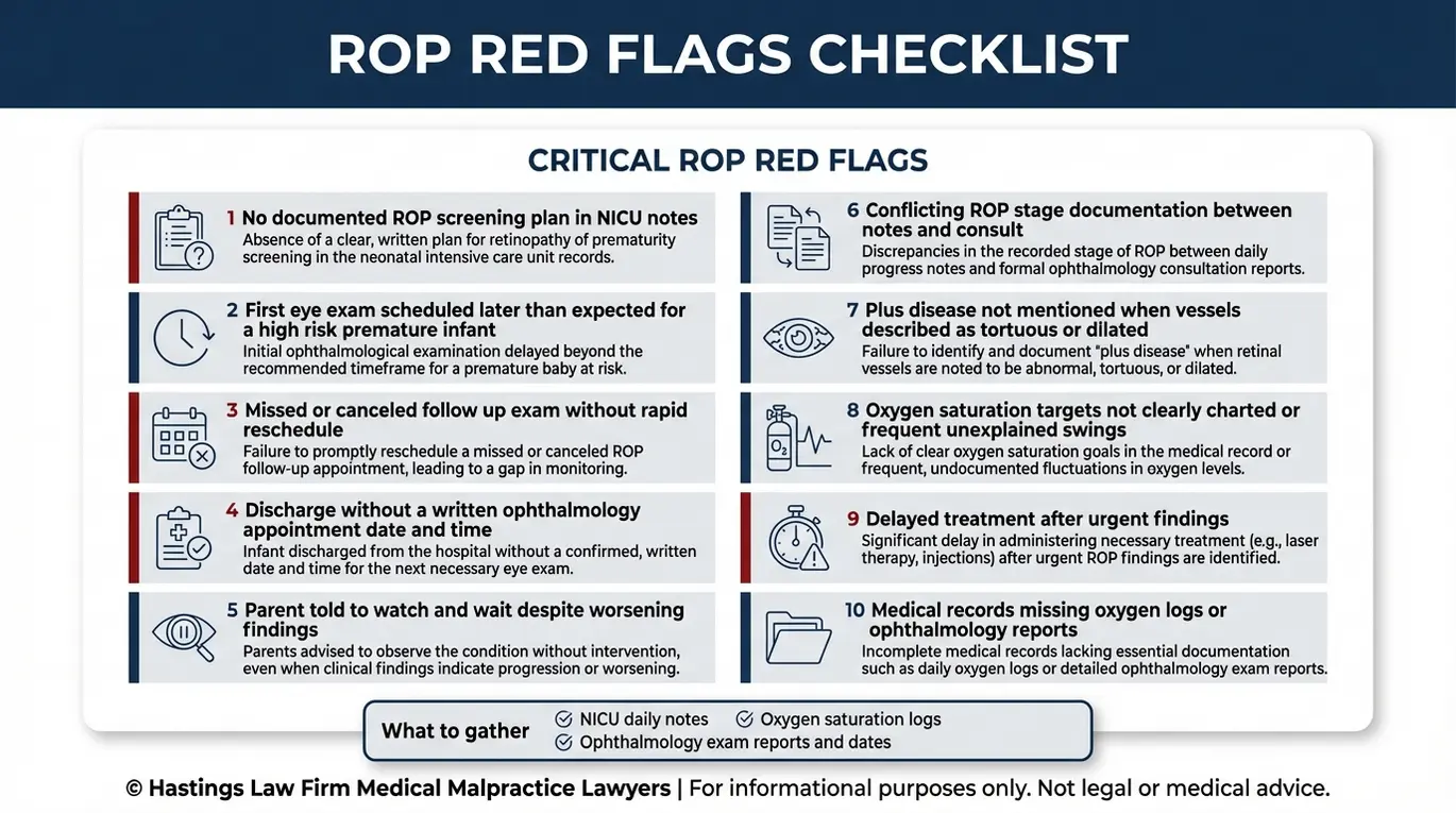 Warning checklist of NICU red flags for Retinopathy of Prematurity malpractice including missed screening discharge without follow up and delayed treatment for those searching for a Texas Retinopathy of Prematurity Lawyer.
