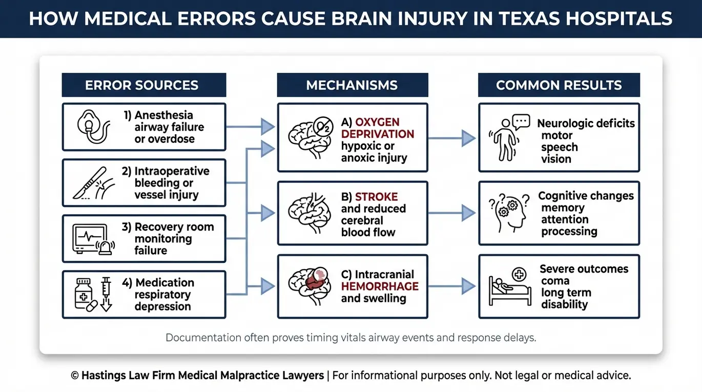 Diagrama que explica cómo los errores descritos por un abogado de Texas Lesiones cerebrales por negligencia médica conectan los errores de anestesia las hemorragias y los fallos de monitorización con la lesión hipóxica ictus hemorragia intracraneal y los déficits neurológicos resultantes.