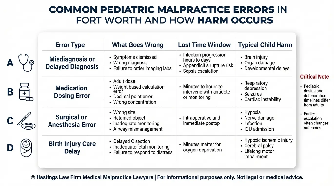 Comparison table summarizing common pediatric medical malpractice errors and typical harms relevant to a Fort Worth Pediatric Malpractice Lawyer including delayed diagnosis medication dosing errors surgical anesthesia errors and birth injury care delays.