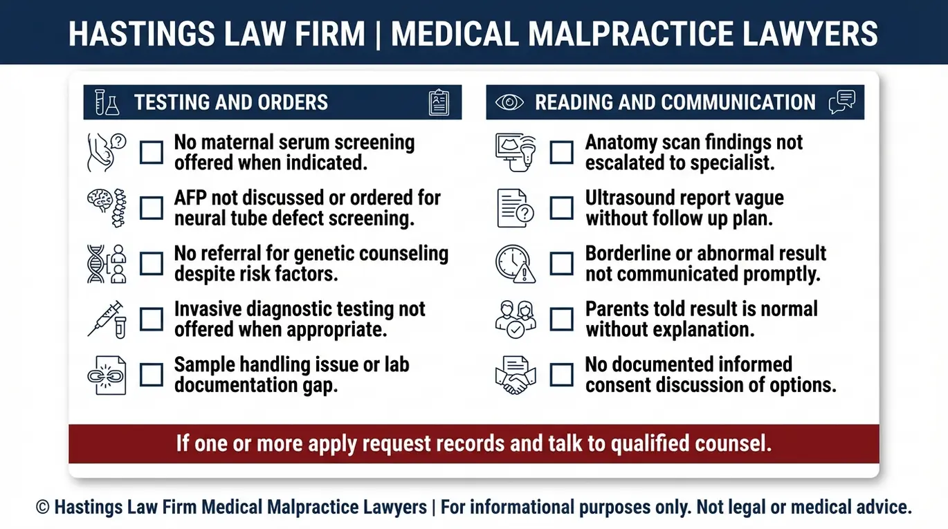 Checklist of red flags for missed prenatal screening and communication errors relevant to a wrongful birth case reviewed by an Arizona Wrongful Birth Lawyer.