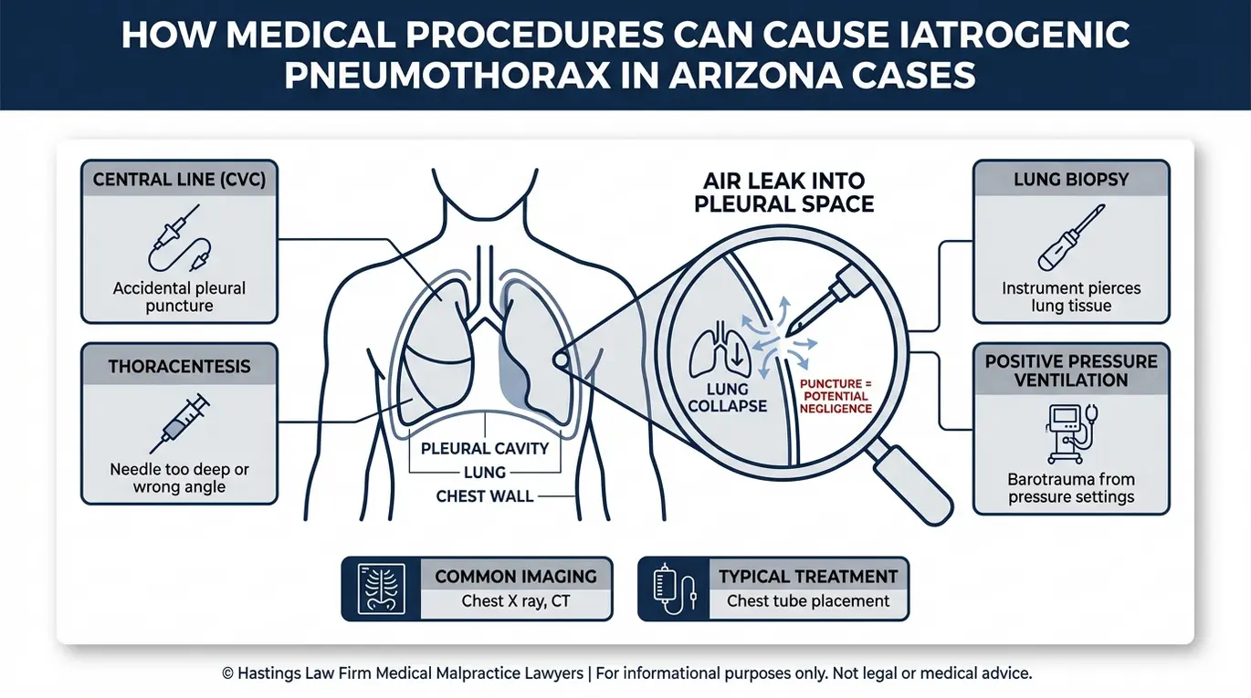 Clinical diagram explaining iatrogenic pneumothorax from medical procedures for an Arizona Pneumothorax From Medical Procedure Lawyer showing pleural space puncture mechanisms tied to central line thoracentesis biopsy and ventilation.
