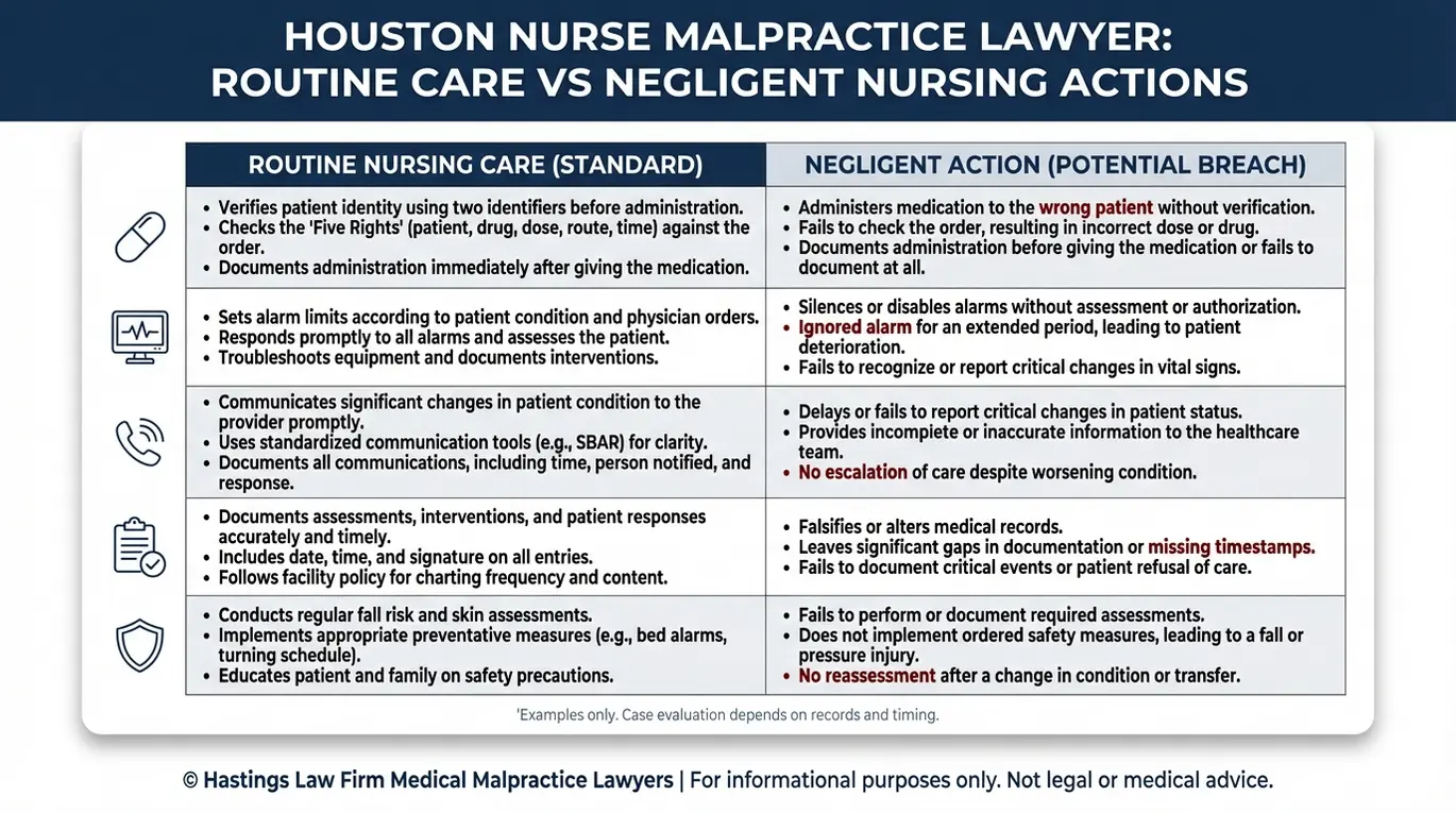 Tabla comparativa que muestra la atención habitual frente a las acciones negligentes en relación con errores comunes de enfermería hospitalaria, analizados por un abogado especializado en negligencia médica de Houston.