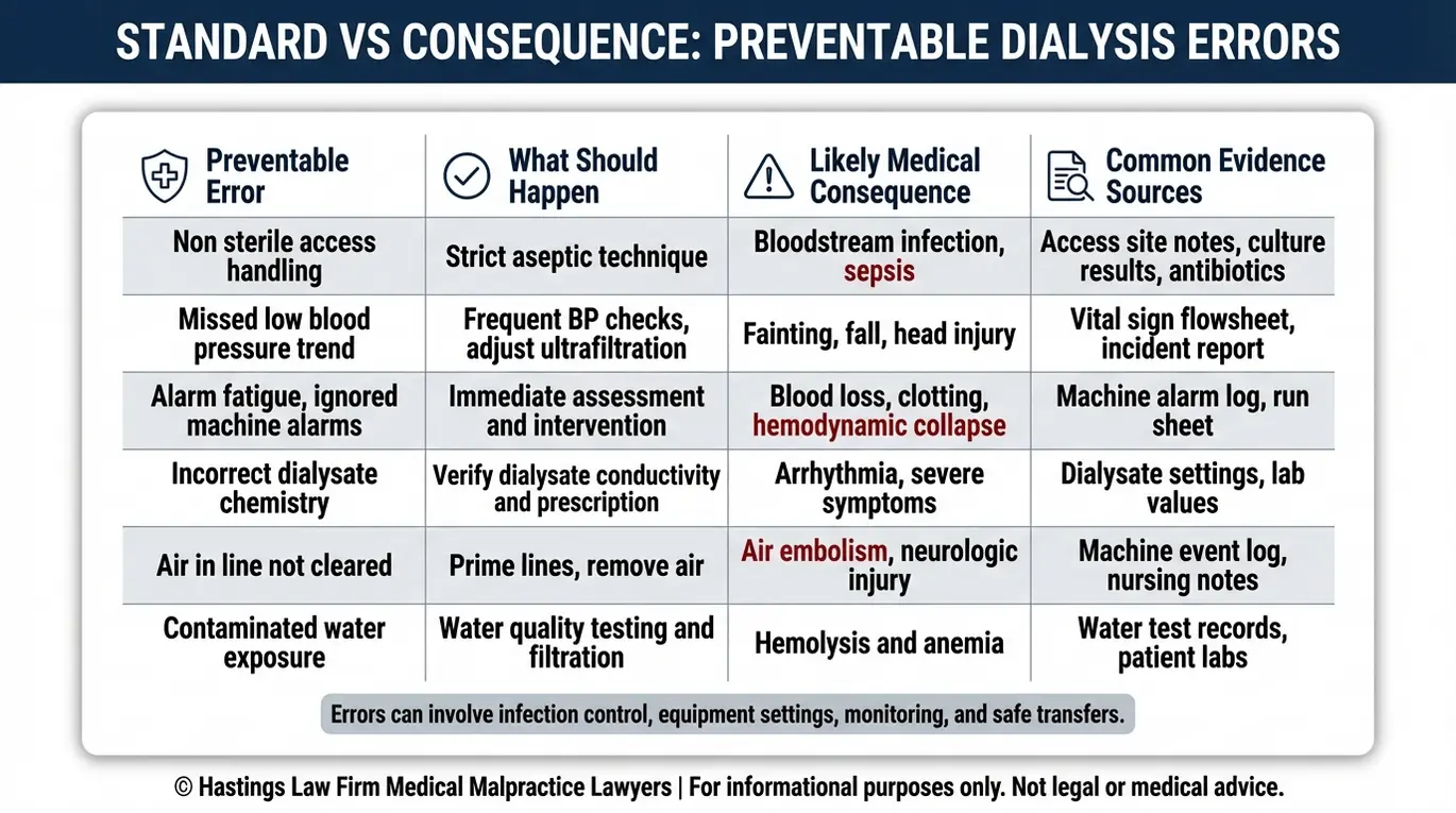 Tabla comparativa que relaciona los errores habituales de los centros de diálisis con las consecuencias para los pacientes y las fuentes de evidencia, con el fin de ayudar a un abogado especializado en negligencia médica de centros de diálisis de Arizona a identificar patrones de negligencia en la diálisis.