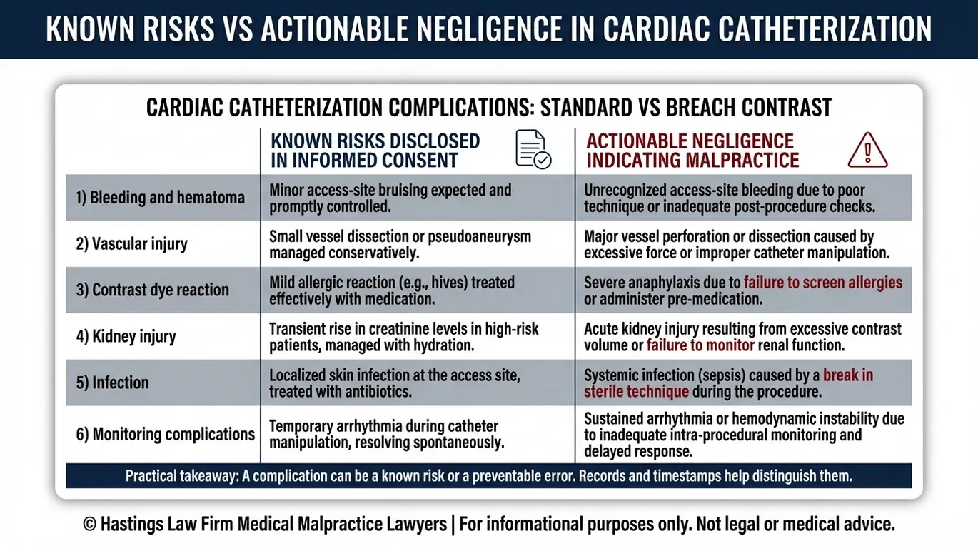 Tabla comparativa elaborada por un abogado especializado en complicaciones de cateterismos cardíacos en Arizona, en la que se comparan los riesgos conocidos del consentimiento informado con los casos de negligencia susceptible de demanda que provocan hemorragias, lesiones vasculares, reacciones al contraste, daño renal, infecciones y fallos en la monitorización.