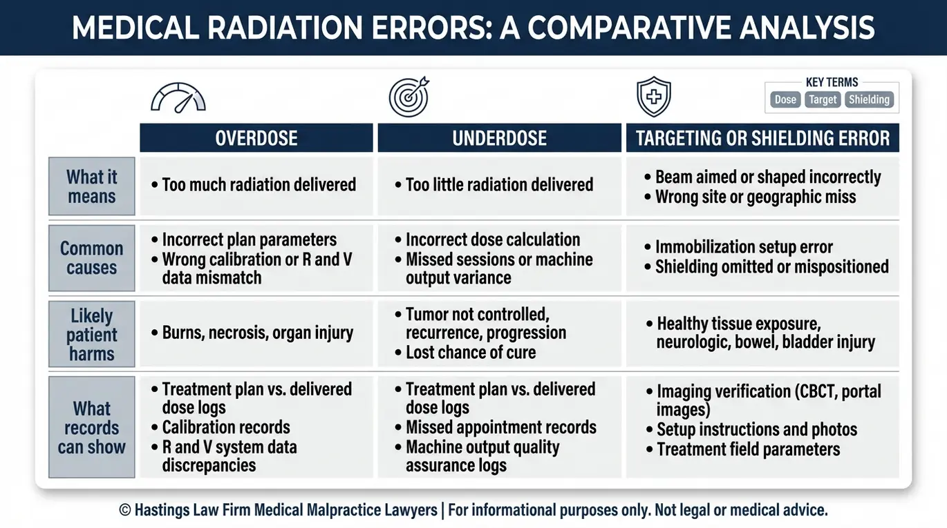 Tabla comparativa que explica los errores habituales en la radioterapia en un caso de negligencia profesional de un oncólogo radioterapeuta de Arizona, incluyendo la sobredosis, la subdosificación y los errores de focalización o blindaje, junto con sus causas y daños típicos.