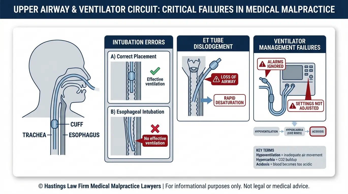 Clinical diagram explaining intubation errors ET tube dislodgement and ventilator management failures that can support an Arizona Respiratory Therapist Malpractice Lawyer claim.