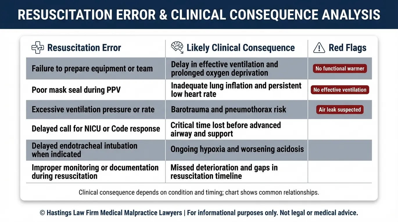 Comparison chart linking common neonatal resuscitation mistakes such as poor PPV mask seal delayed intubation and inadequate preparation to outcomes like oxygen deprivation barotrauma and timeline gaps relevant to an Arizona Infant Resuscitation Error Lawyer.