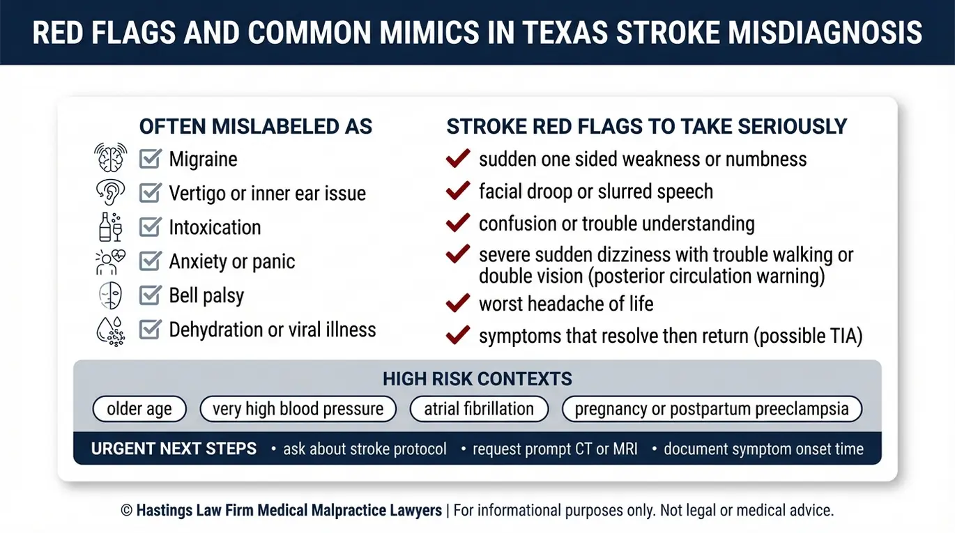 Warning checklist of stroke red flags and common stroke mimic diagnoses referenced by a Texas Stroke Misdiagnosis Lawyer.