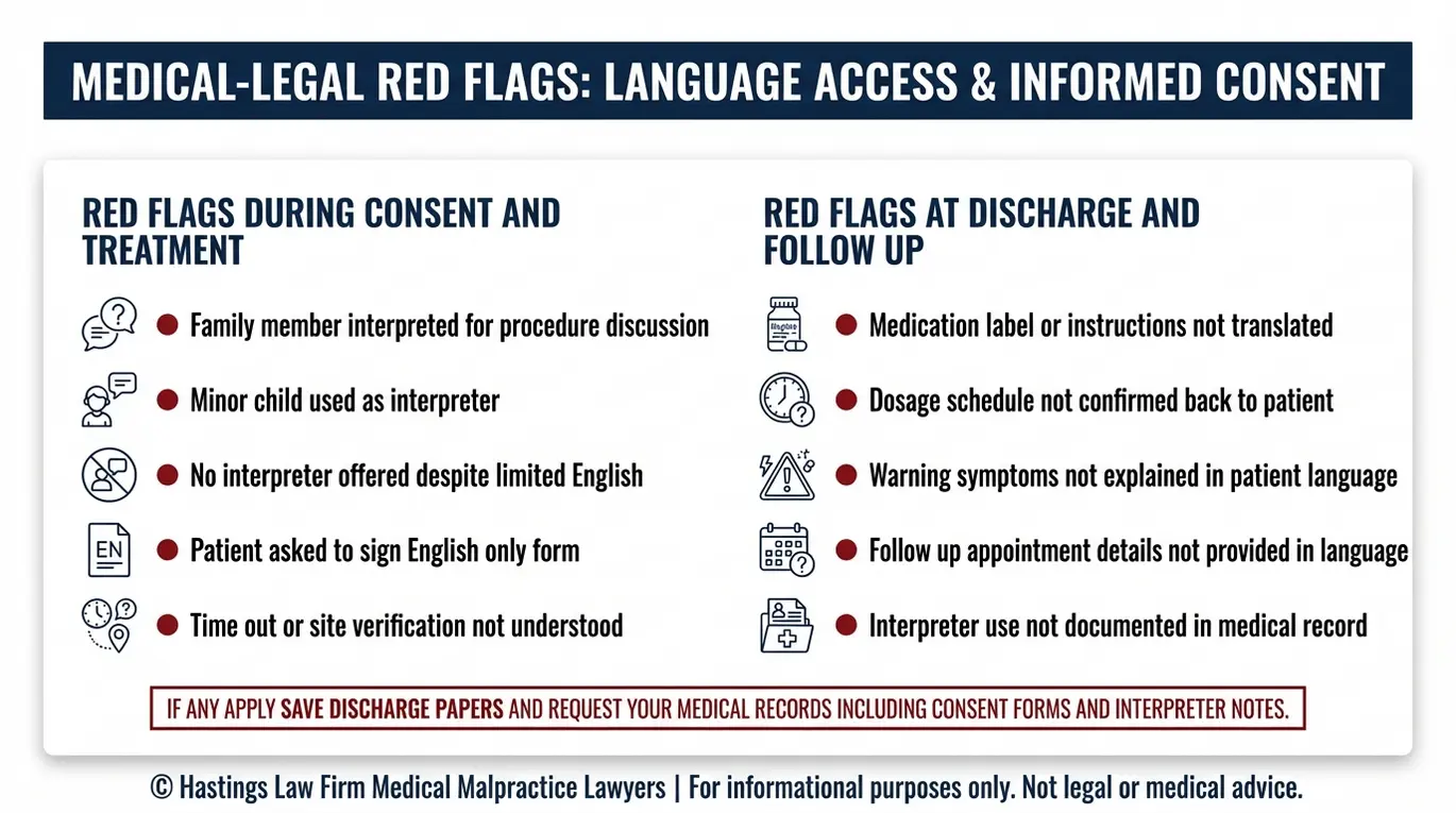Warning checklist for Texas Informed Consent Interpreter Failure Lawyer cases listing red flags like using family or minors as interpreters untranslated discharge instructions and missing documentation of interpreter services.