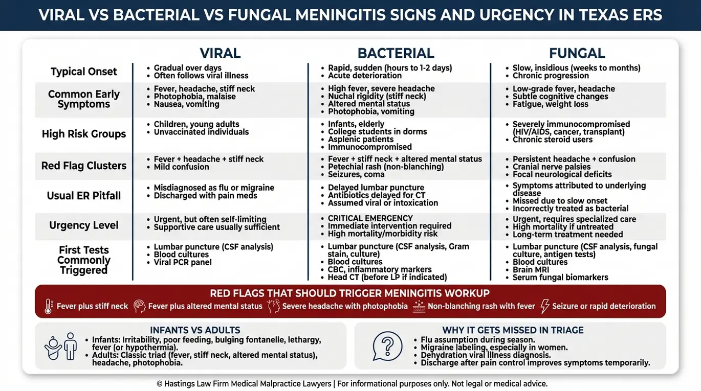 Tabla comparativa de los síntomas, las señales de alerta y el grado de urgencia de la meningitis viral, bacteriana y fúngica, para respaldar la revisión de un caso por parte de un abogado especializado en diagnósticos erróneos de meningitis según el protocolo Texas.