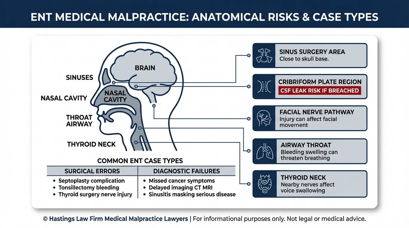Diagrama conceptual clínico elaborado por un abogado especializado en negligencia médica de otorrinolaringólogos de Arizona, en el que se ilustra la proximidad de la anatomía otorrinolaringológica al cerebro y se identifican los mecanismos que pueden provocar lesiones en la cirugía de senos paranasales, daños en el nervio facial, compromiso de las vías respiratorias, lesiones en el nervio tiroideo y riesgo de fuga de líquido cefalorraquídeo.