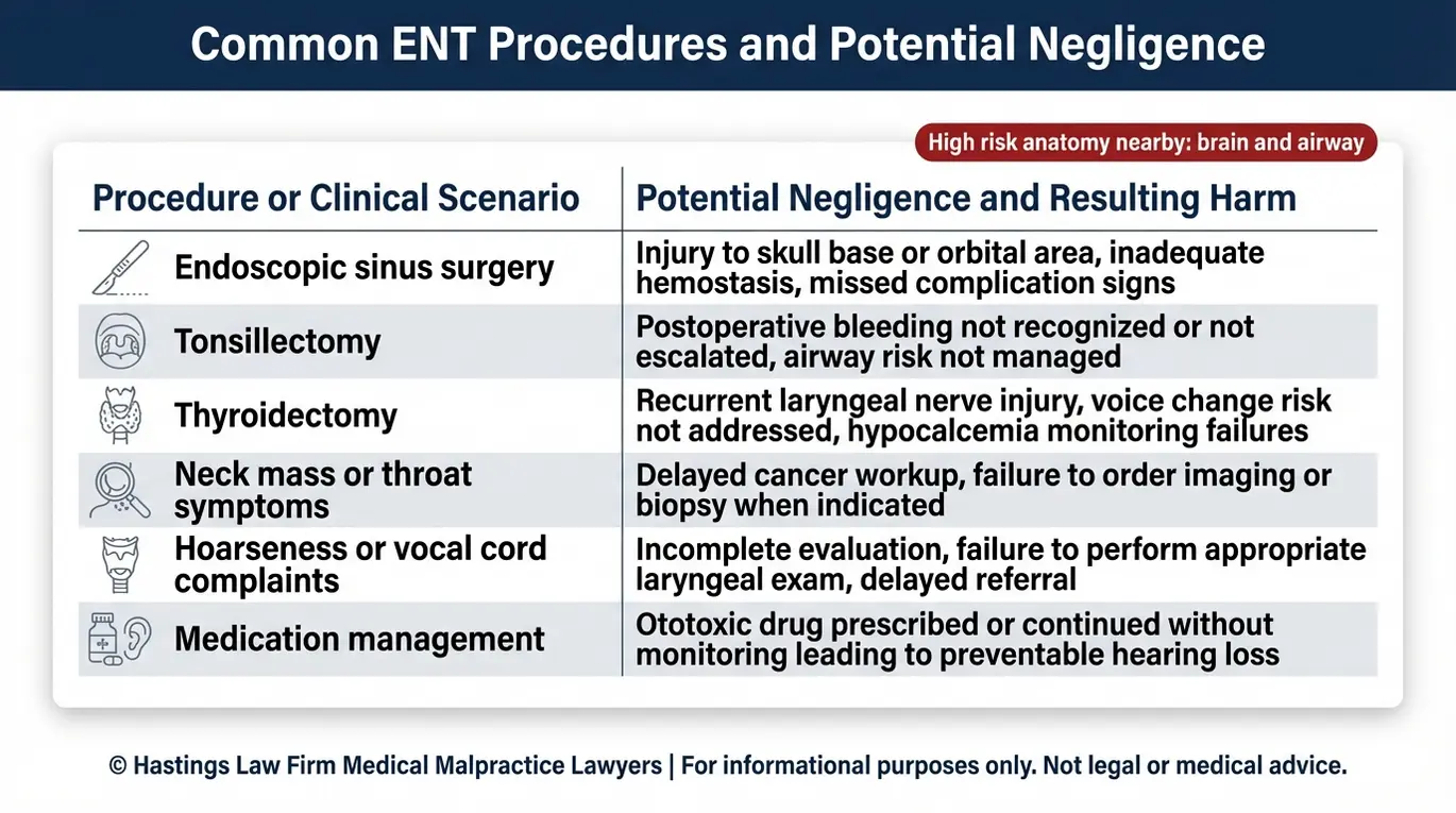 Tabla comparativa de un abogado especializado en negligencia médica para otorrinolaringólogos de Texas, en la que se muestran procedimientos comunes de otorrinolaringología y los aspectos de negligencia que pueden causar daños, tales como el retraso en el diagnóstico de cáncer, lesiones en la voz y pérdida auditiva evitable.
