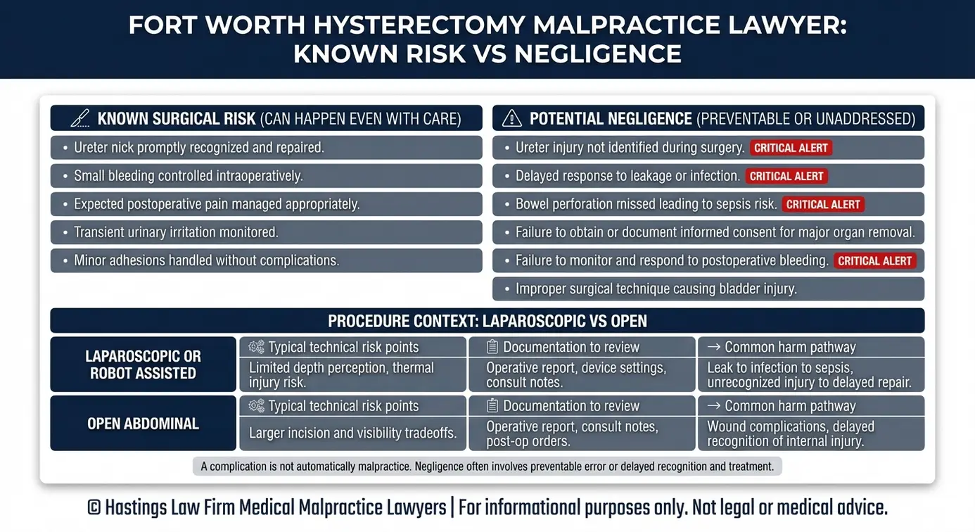 Tabla comparativa elaborada por un abogado especializado en negligencia médica en histerectomías de Fort Worth, en la que se comparan los riesgos conocidos de la histerectomía con los posibles casos de negligencia, así como la documentación de la cirugía laparoscópica frente a la cirugía abierta y las vías de daño.