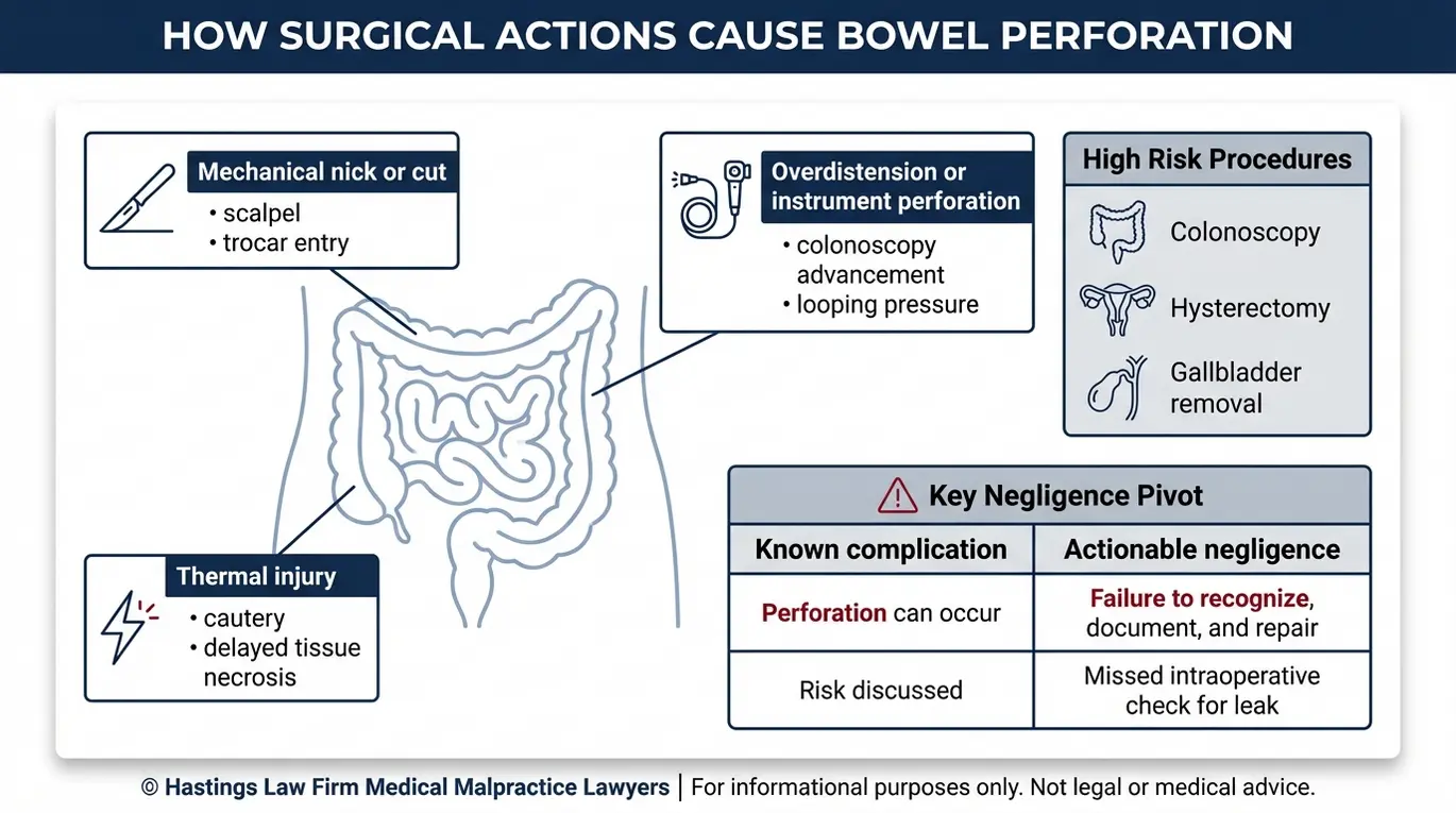 Diagrama conceptual clínico que muestra cómo los errores quirúrgicos habituales pueden provocar una perforación intestinal y cómo un abogado especializado en perforaciones intestinales de Phoenix puede fundamentar la relación de causalidad basándose en los mecanismos de lesión y los procedimientos de alto riesgo.