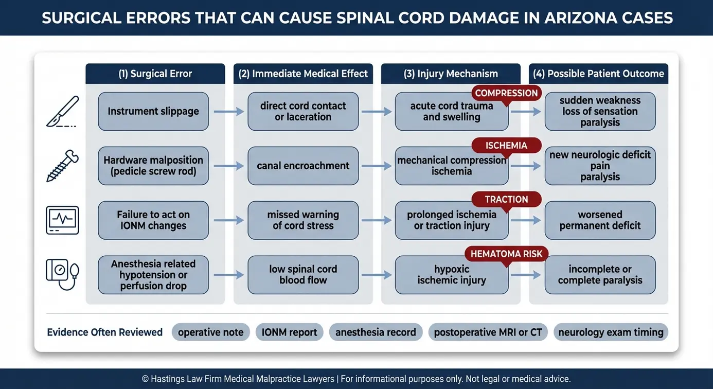 Flowchart showing surgical errors and causation pathways that an Arizona spinal cord injury from surgery lawyer may analyze including instrument slippage hardware malposition IONM failures and anesthesia hypotension.
