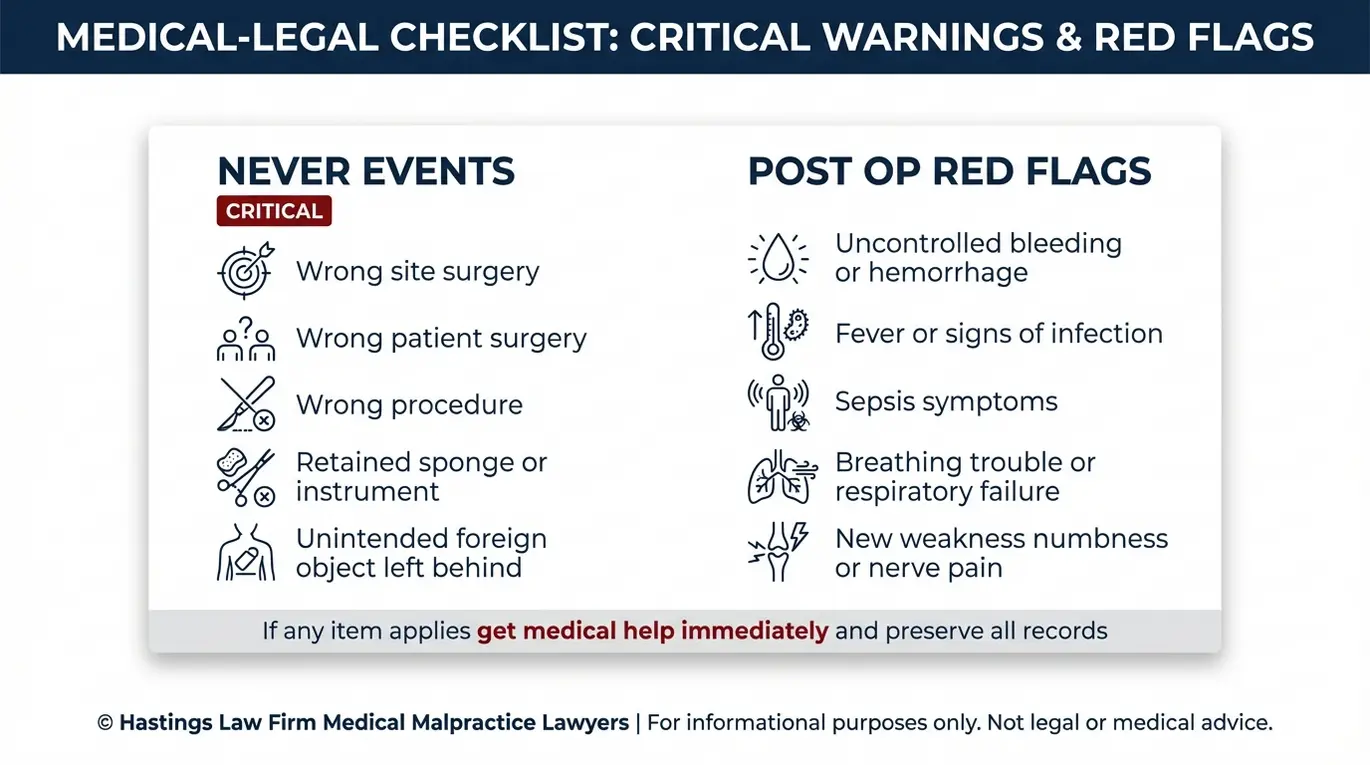 Lista de verificación de advertencias para las investigaciones de abogados especializados en errores quirúrgicos en Arizona, que incluye «eventos que nunca deben ocurrir» en cirugía y señales de alerta posoperatorias, tales como cirugía en el sitio equivocado, instrumentos olvidados, infección, sepsis, hemorragia e insuficiencia respiratoria.