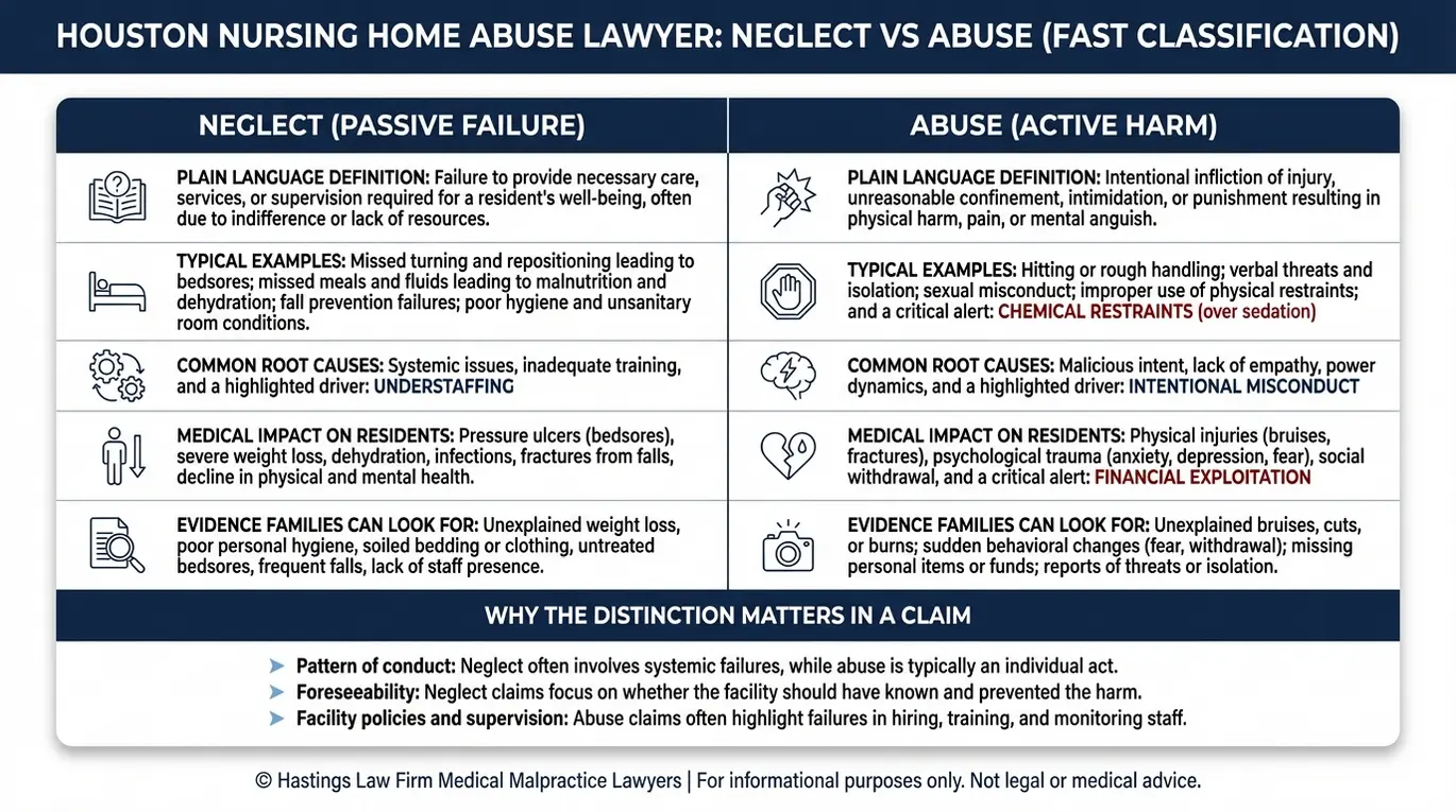 Tabla comparativa que distingue entre negligencia y maltrato, con ejemplos y pruebas, para la evaluación de un caso por parte de un abogado especializado en casos de maltrato en residencias de ancianos de Houston.