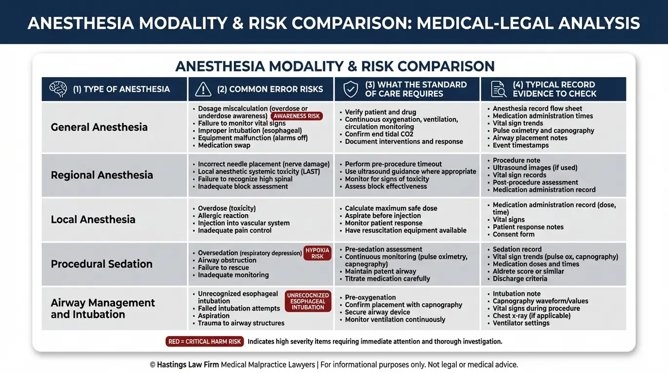 Tabla comparativa que muestra los riesgos de errores de anestesia más comunes según el tipo de anestesia, y lo que un abogado especializado en errores de anestesia de Texas revisa en el expediente de anestesia para evaluar el nivel de atención y la negligencia.