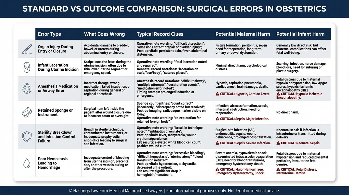 Tabla comparativa en la que se resumen los tipos de errores en partos por cesárea analizados por Texas C Section Malpractice Lawyer, junto con indicios que pueden encontrarse en los expedientes y las posibles consecuencias para la madre y el bebé.