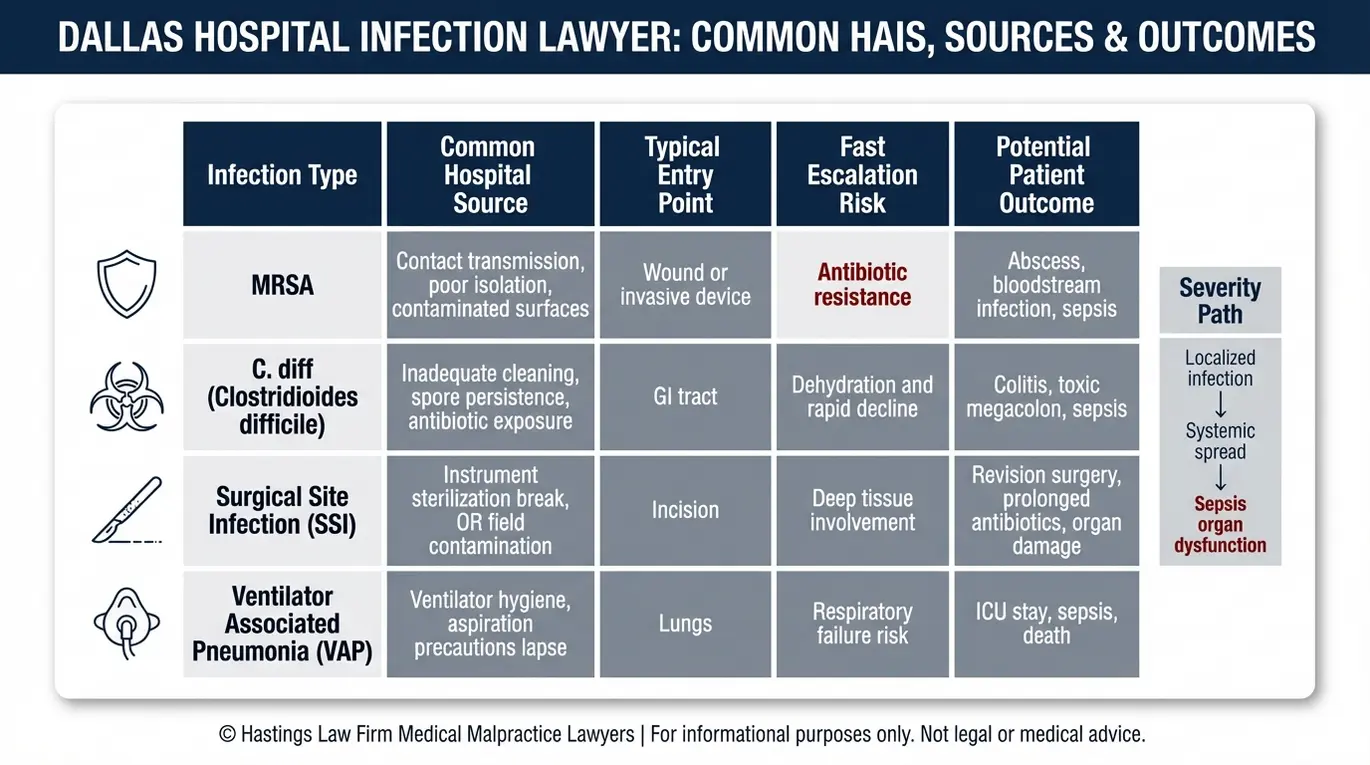 Comparison chart summarizing common hospital acquired infections reviewed by a Dallas Hospital Infection Lawyer including MRSA C. diff surgical site infection and ventilator associated pneumonia with sources entry points escalation risk and outcomes.