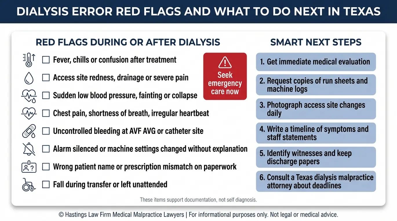 Warning checklist of dialysis error red flags and next steps for documentation tailored to people seeking a Texas Dialysis Error Lawyer.