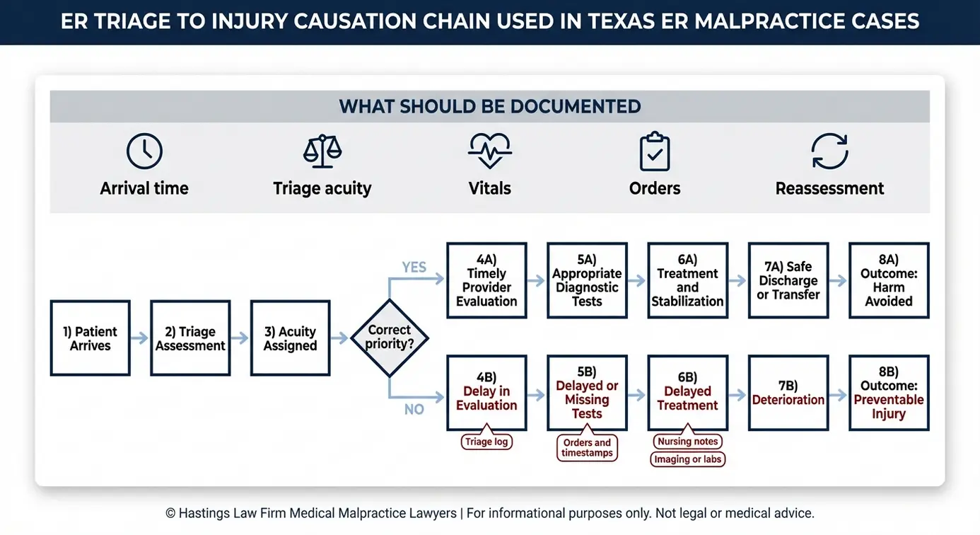 Diagrama de flujo que muestra cómo un abogado especializado en negligencia médica en salas de urgencias (Texas) relaciona los errores de triaje y el retraso en las pruebas diagnósticas con el retraso en el tratamiento y las lesiones evitables.