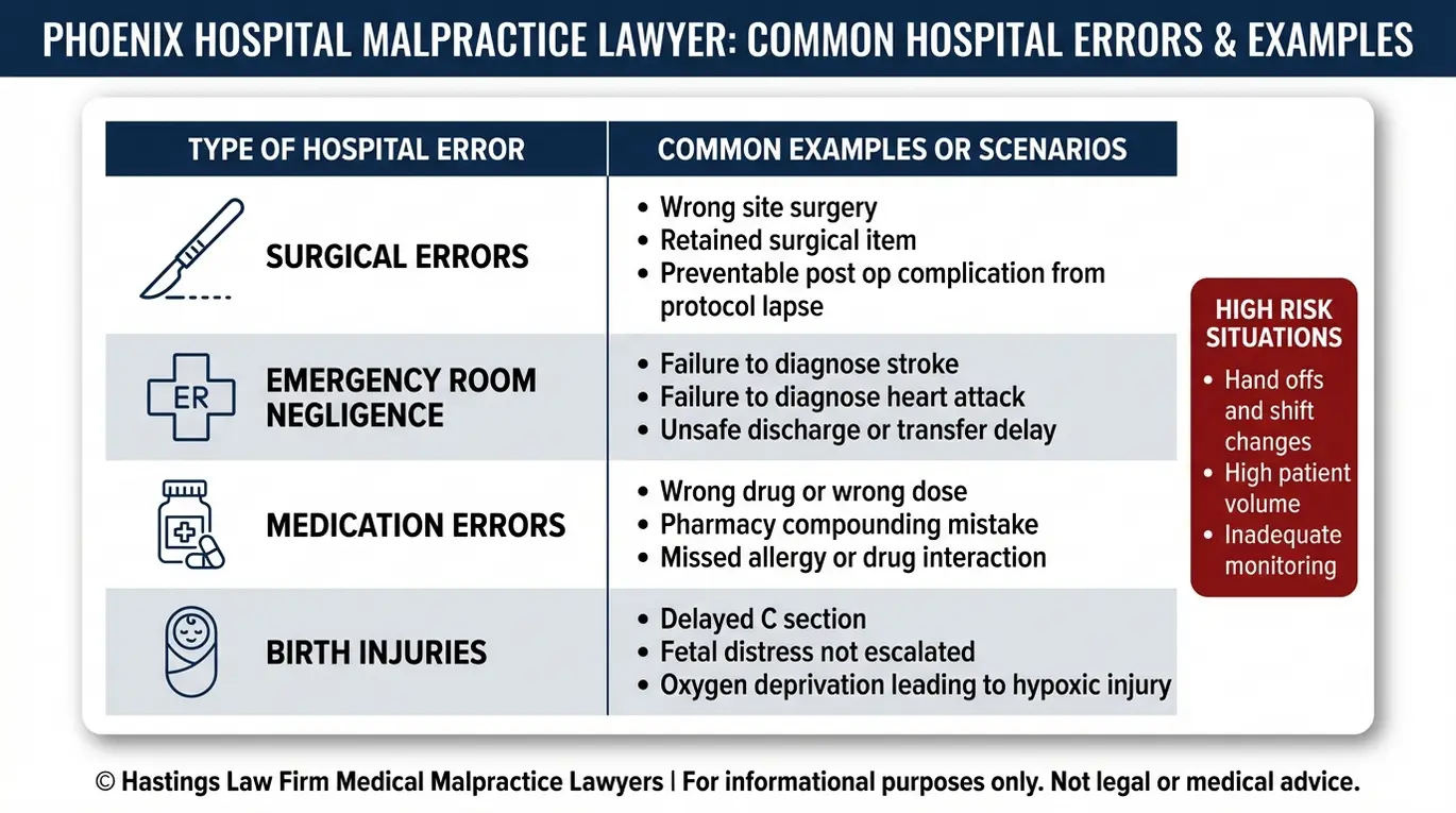 Comparison chart summarizing common Phoenix hospital malpractice errors including surgical ER medication and birth injury scenarios.