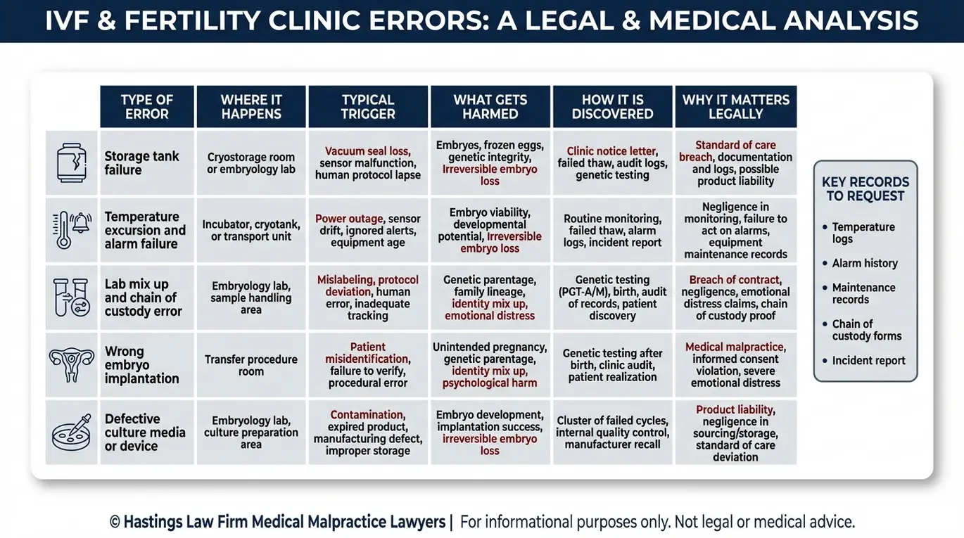 Comparison chart summarizing common errors in a Texas Fertility Clinic Malpractice Lawyer case including storage tank failure IVF mix up wrong embryo implantation and defective culture media with key records to request.