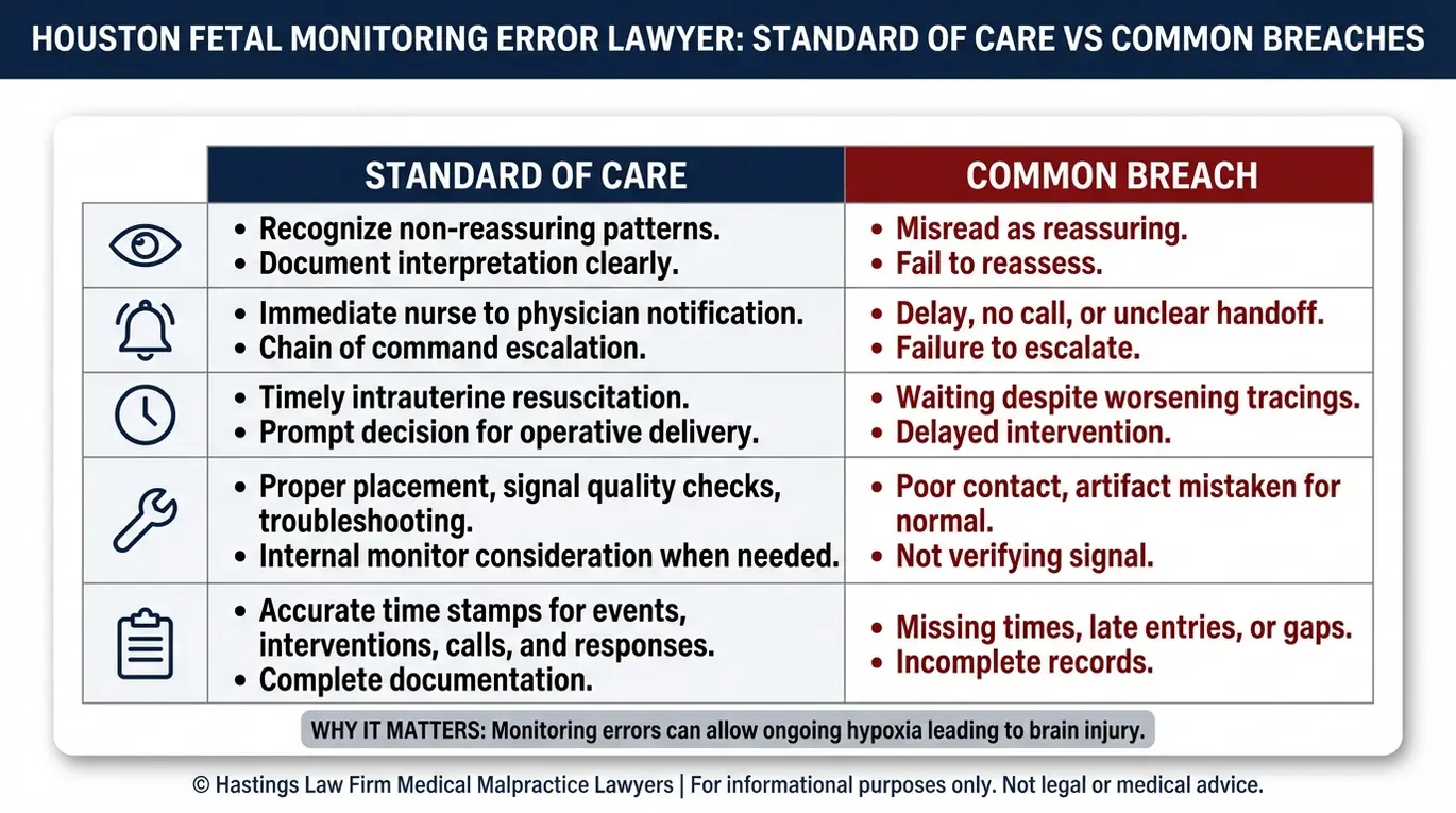 Comparison chart showing standard of care versus common breaches reviewed by a Houston fetal monitoring error lawyer, including failure to interpret strips, failure to escalate, delayed delivery, equipment misuse, and documentation gaps.