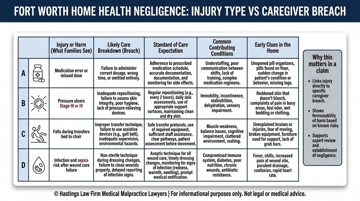 Comparison table showing injury type versus caregiver breach and standard of care expectations for a Fort Worth Home Health Care Provider Malpractice Lawyer review.