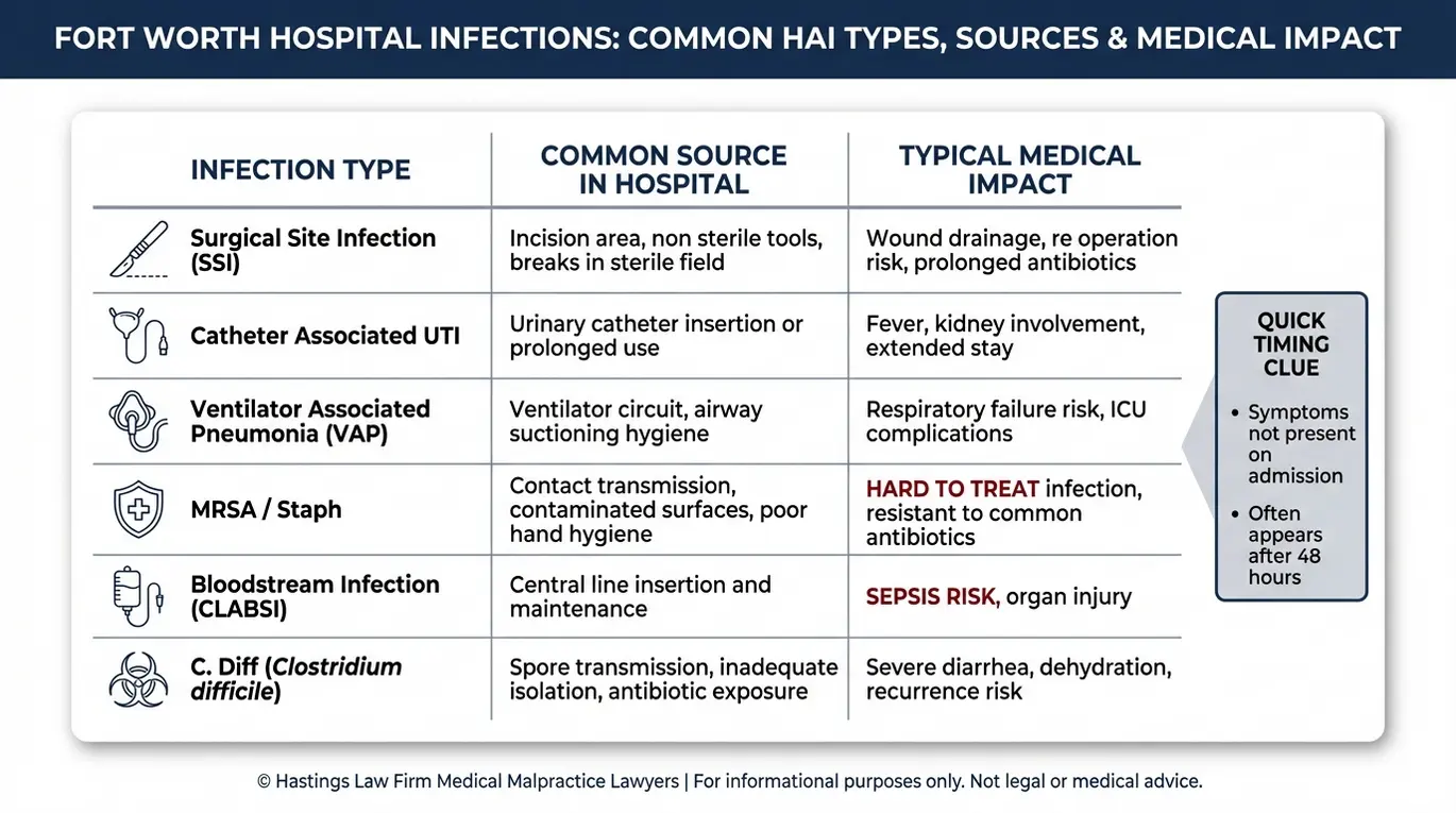 Cuadro comparativo de infecciones comunes asociadas a la atención sanitaria y sus fuentes e impactos para una visión general del abogado de infecciones hospitalarias de Fort Worth.