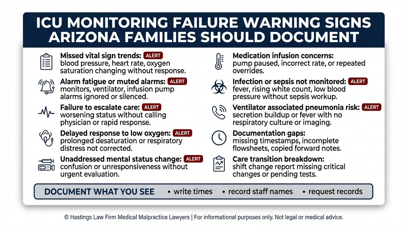 Warning checklist summarizing ICU monitoring and failure to escalate care red flags for an Arizona ICU Monitoring Failure Lawyer case including muted alarms missed vitals sepsis signs and documentation gaps.