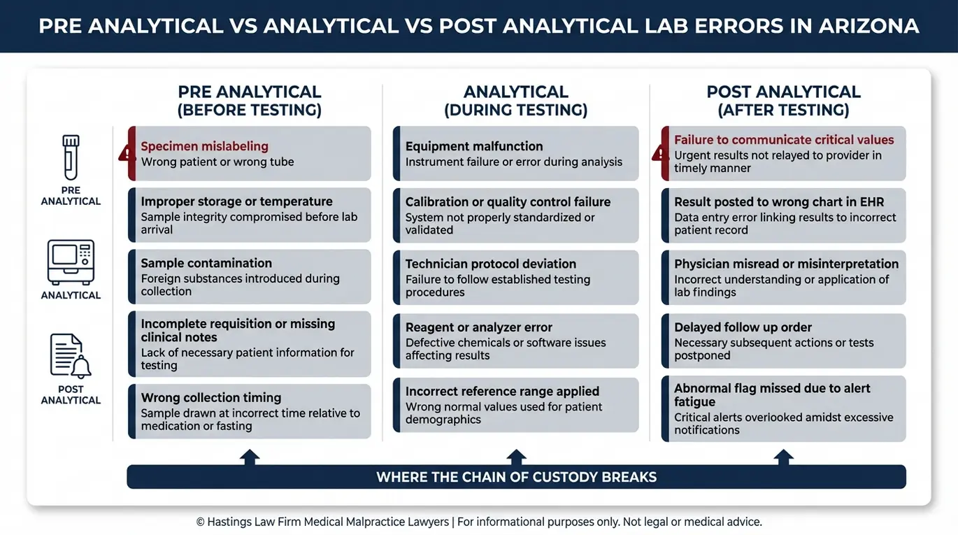 Comparison chart showing three phases of diagnostic testing errors that an Arizona Misread Lab Results Lawyer investigates including pre analytical analytical and post analytical mistakes.