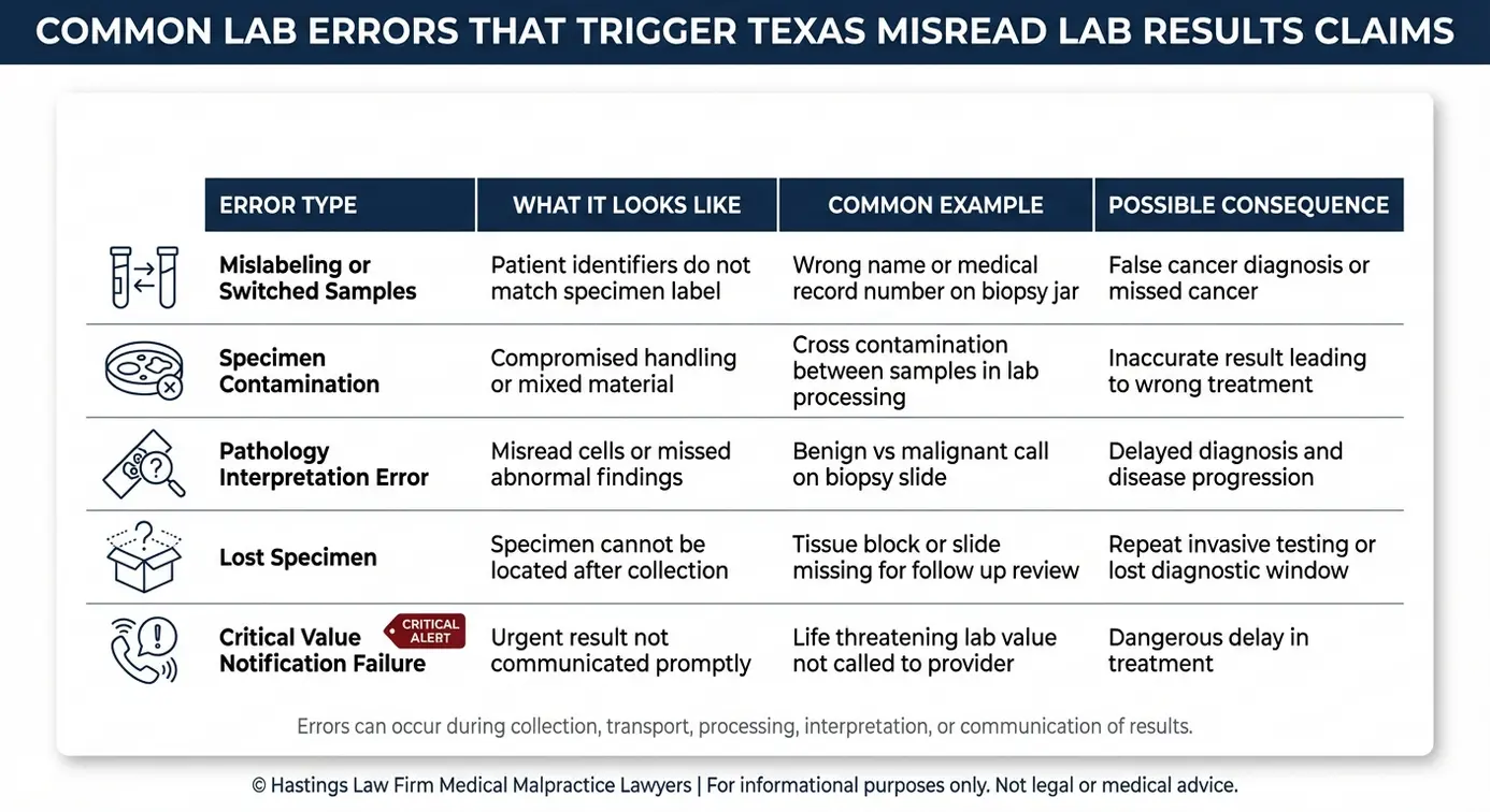 Comparison table summarizing common laboratory negligence types relevant to a Texas Misread Lab Results Lawyer including mislabeling contamination interpretation errors lost specimens and critical value notification failures.