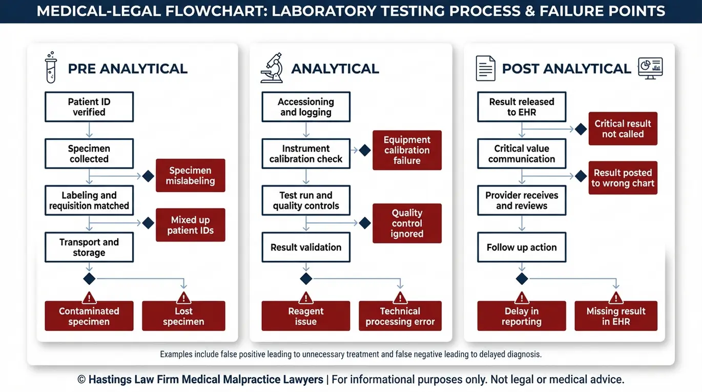 Process flowchart showing pre analytical, analytical, and post analytical lab error points relevant to a Texas Medical Lab Testing Malpractice Lawyer case including specimen mislabeling, calibration failures, and delayed critical result reporting.