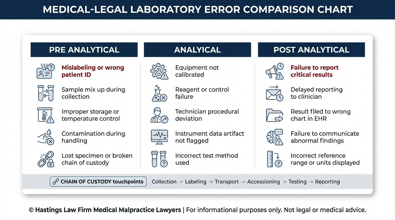 Comparison chart explaining common laboratory testing failures by stage pre analytical analytical and post analytical for people seeking an Arizona Medical Lab Testing Malpractice Lawyer.