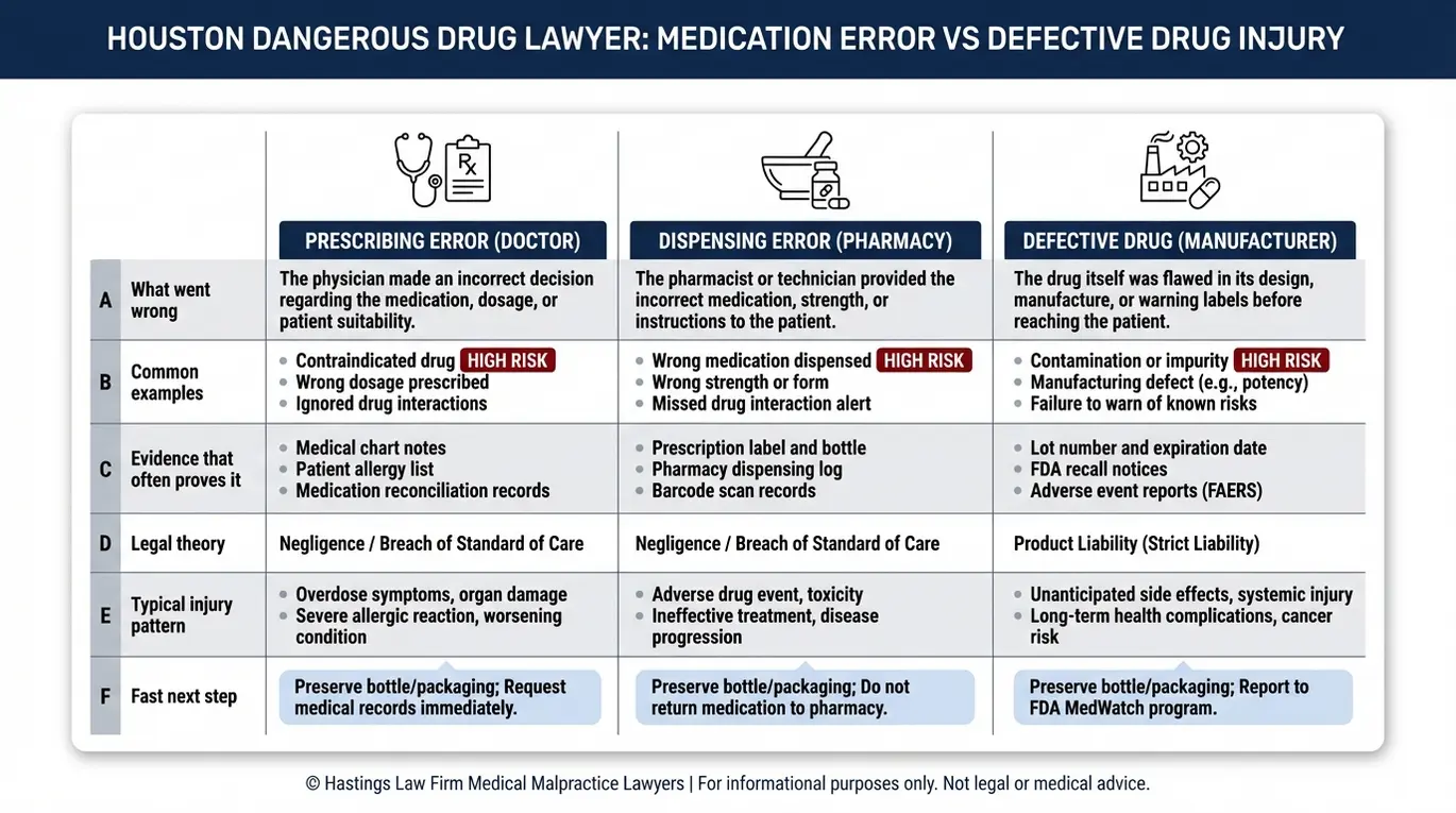 Tabla comparativa para un abogado especializado en medicamentos peligrosos de Houston que muestra los errores de prescripción frente a los errores de dispensación en farmacias y la responsabilidad por productos farmacéuticos defectuosos, con ejemplos, pruebas y quiénes pueden ser los responsables.