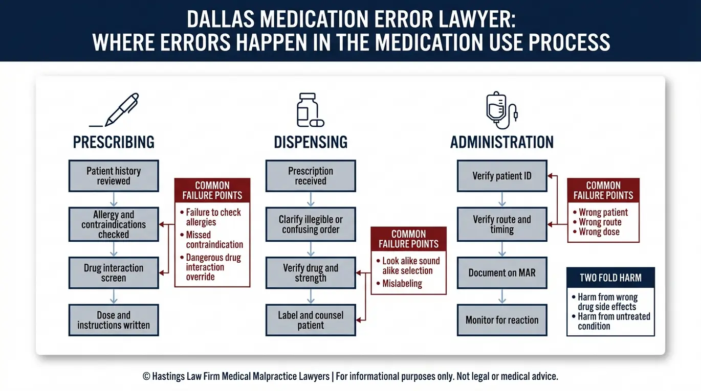 Flowchart showing prescribing dispensing and administration stages where medication errors occur for a Dallas Medication Error Lawyer case review.