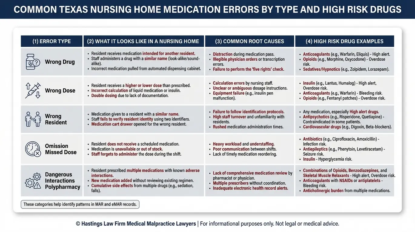 Comparison chart showing common Texas nursing home medication error types with examples root causes and high risk drugs for a Texas Nursing Home Medication Error Lawyer overview.