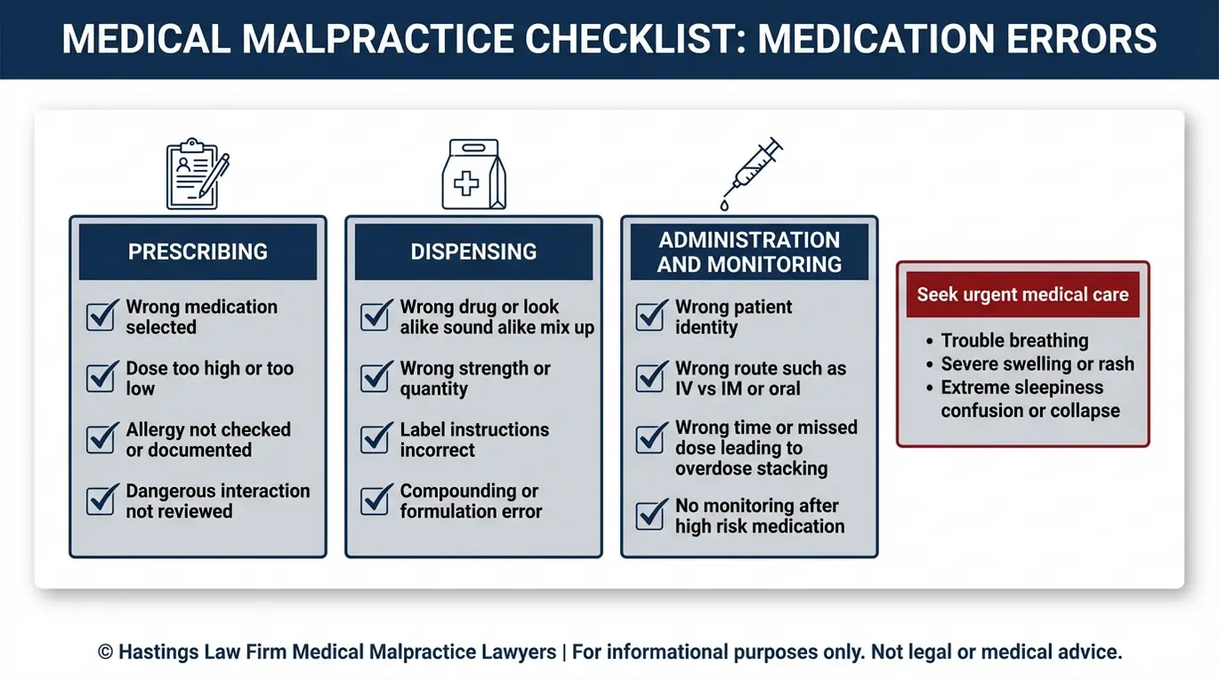 Warning checklist of common medication and prescription error red flags including wrong dose wrong drug and missed allergy checks relevant to an Arizona Medication Error Lawyer inquiry.