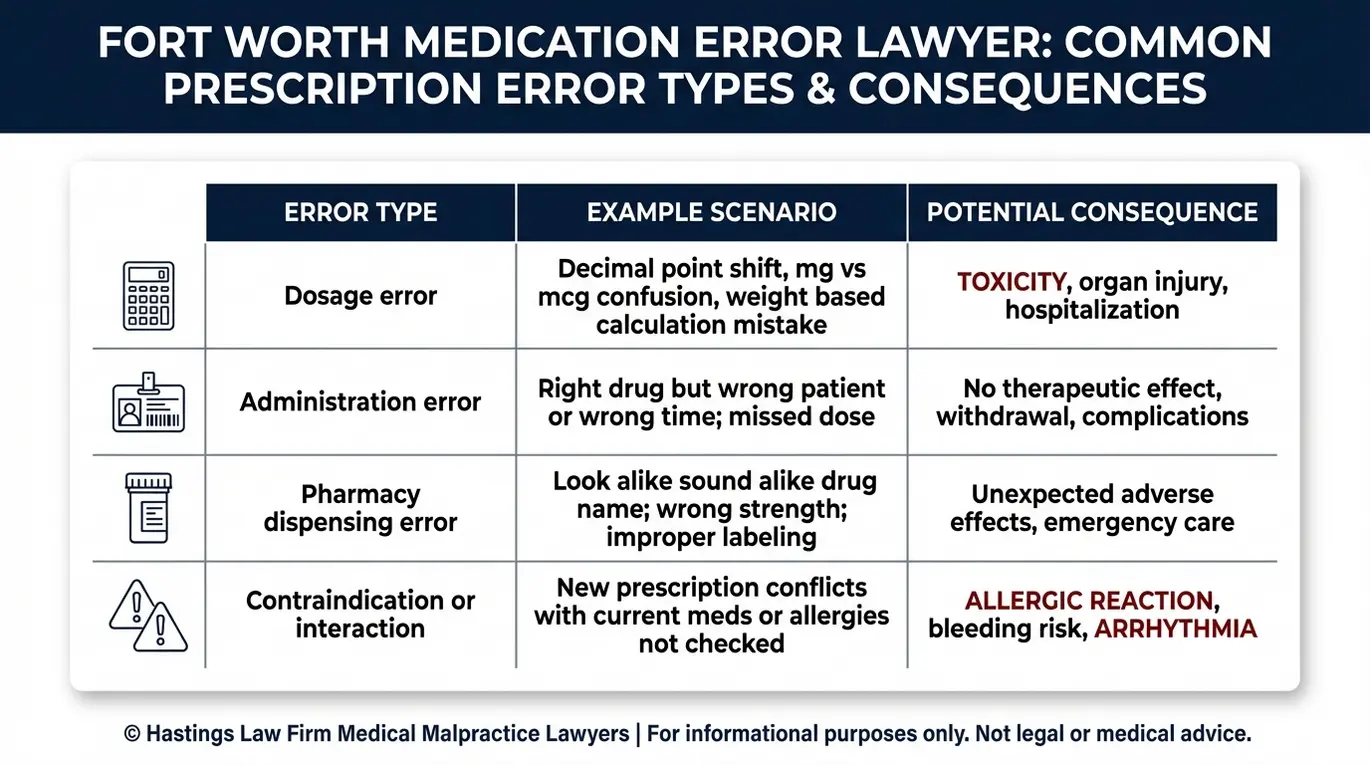 Tabla comparativa que resume los errores habituales en la prescripción de medicamentos y sus posibles consecuencias, relevante para el análisis de un caso por parte de un abogado especializado en errores de medicación de Fort Worth.