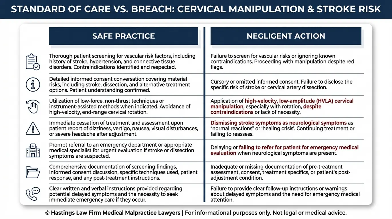 Tabla comparativa elaborada por un abogado especializado en negligencia profesional quiropráctica de Texas que muestra las prácticas estándar de atención quiropráctica seguras frente a las acciones negligentes, incluyendo la evaluación de contraindicaciones, el consentimiento informado, la técnica de manipulación cervical, la derivación en caso de síntomas de accidente cerebrovascular, la documentación y las instrucciones de seguimiento.